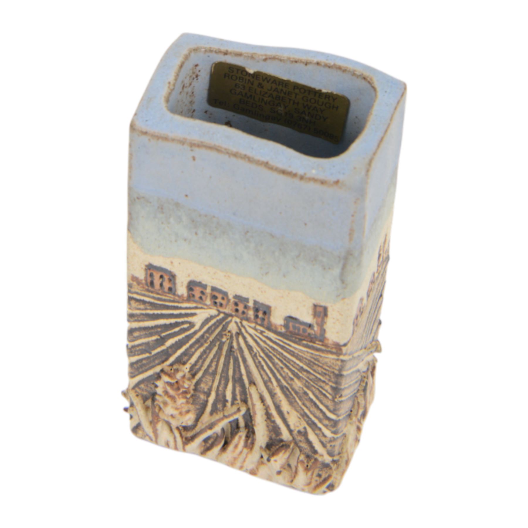 Robin Gough; two studio pottery vases of rectangular chimney vase, each decorated in relief with villages, H15cm 