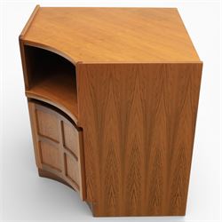 Nathan - concave corner cabinet, each of quarter round form with square top to fit against a wall, with open display compartment above a signature square panelled cupboard door, raised on a recessed plinth base
