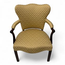 Pair of 19th century Hepplewhite style armchairs, shaped serpentine back over seat upholstered in gold damask fabric, with padded outswept arms and serpentine front rail, on moulded mahogany foreleg