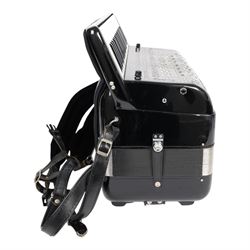 Borsini Professional 5-Row Chromatic button accordion, with 92 white pearlescent chromatic buttons and 136 bass buttons, possibly a custom model, in black high gloss case, with carry strap and original hard carrycase