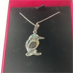Silver Baltic amber and turquoise kingfisher pendant necklace, stamped 925 and boxed 