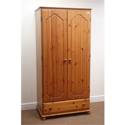  Solid pine wardrobe, two doors above drawer, bun feet, W86cm, H178cm, D54cm  