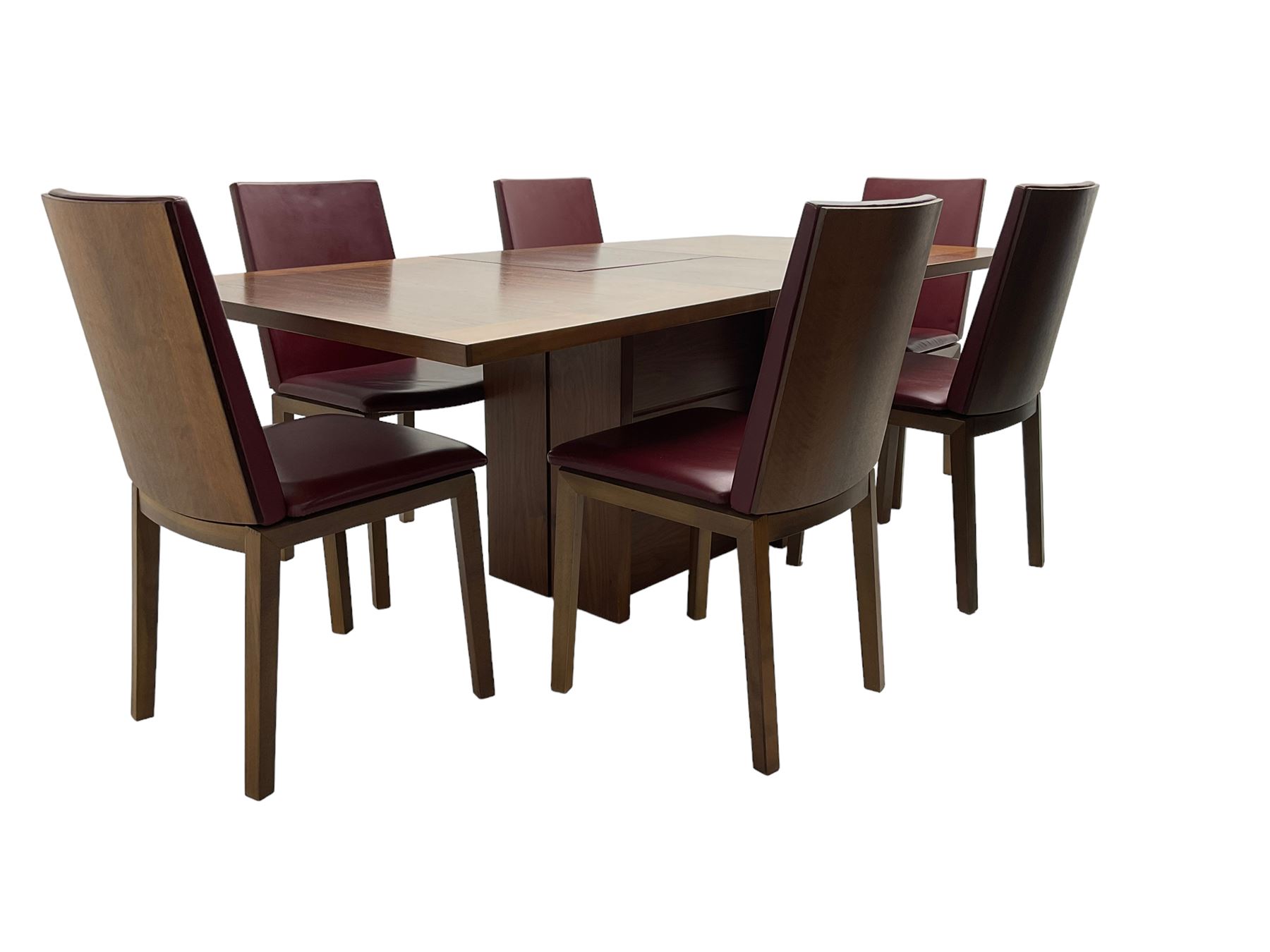 Skovby - Danish mid-20th century design teak extending dining table, rectangular top on pedestal base (W146cm D99cm H92cm); Skovby - set six Danish stained beech dining chairs, back and seat upholstered in oxblood faux leather (W47cm H90cm)
