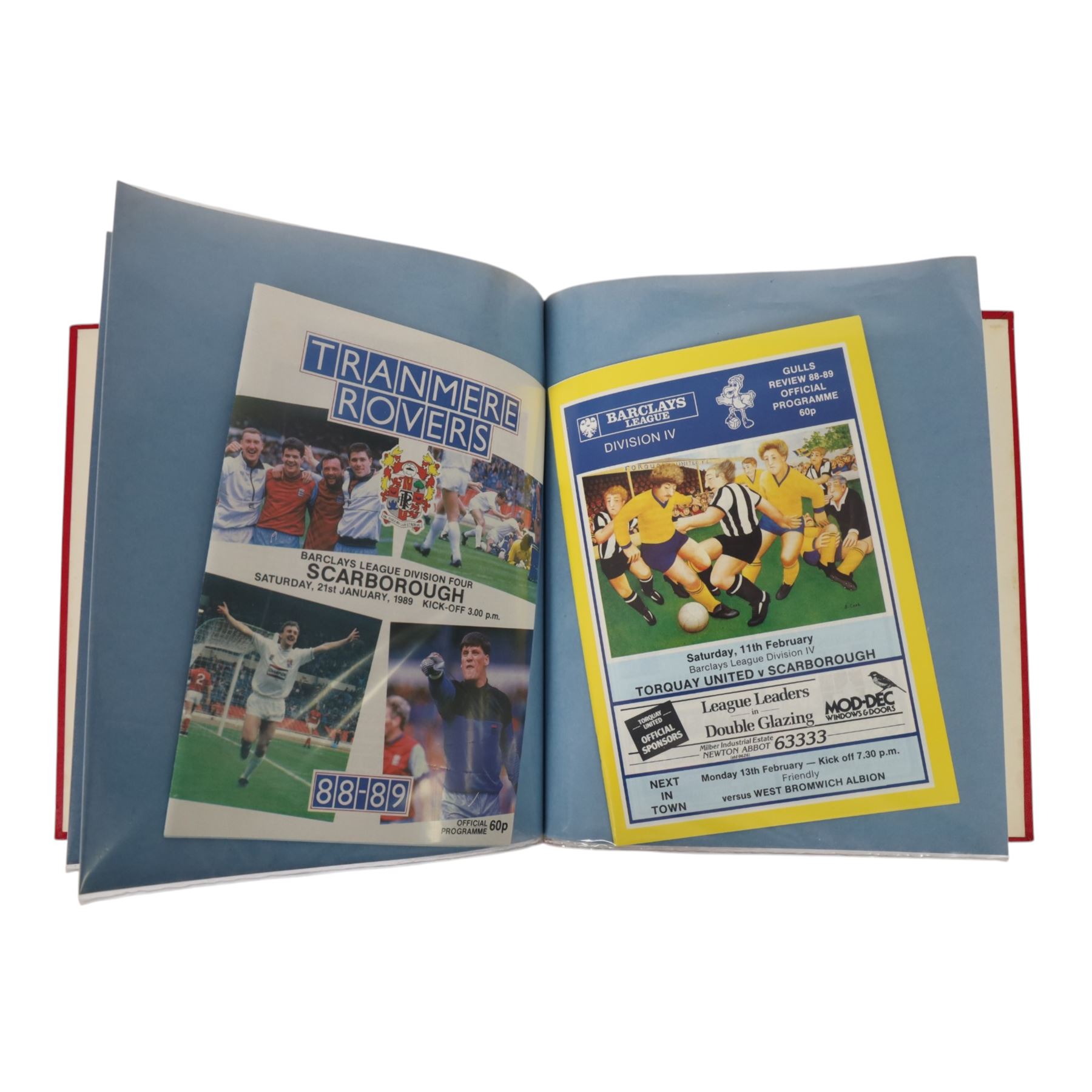 Comprehensive collection of approximately one-hundred and ninety Scarborough FC football programmes for the 1987/88, 1988/89 and 1990/91 seasons, all filed within six dedicated Scarborough FC red Home and Away binders 