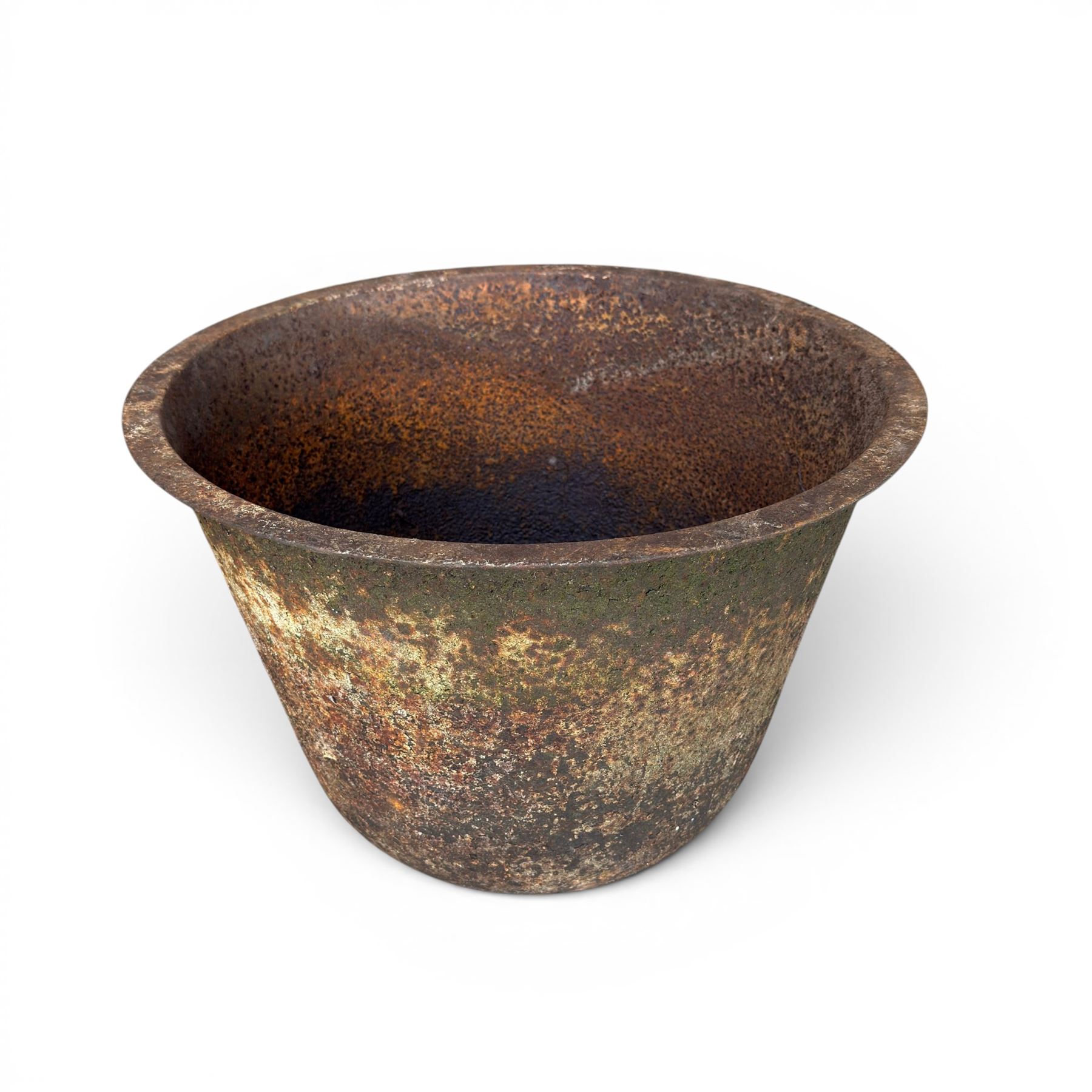 19th century cast iron bell cauldron, with associated wrought iron stand