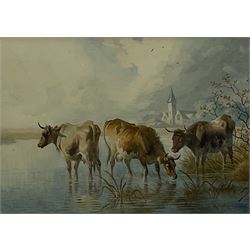 Attrib. Thomas Sydney Cooper (British 1803-1902): Cattle Watering, watercolour signed 24cm x 34cm