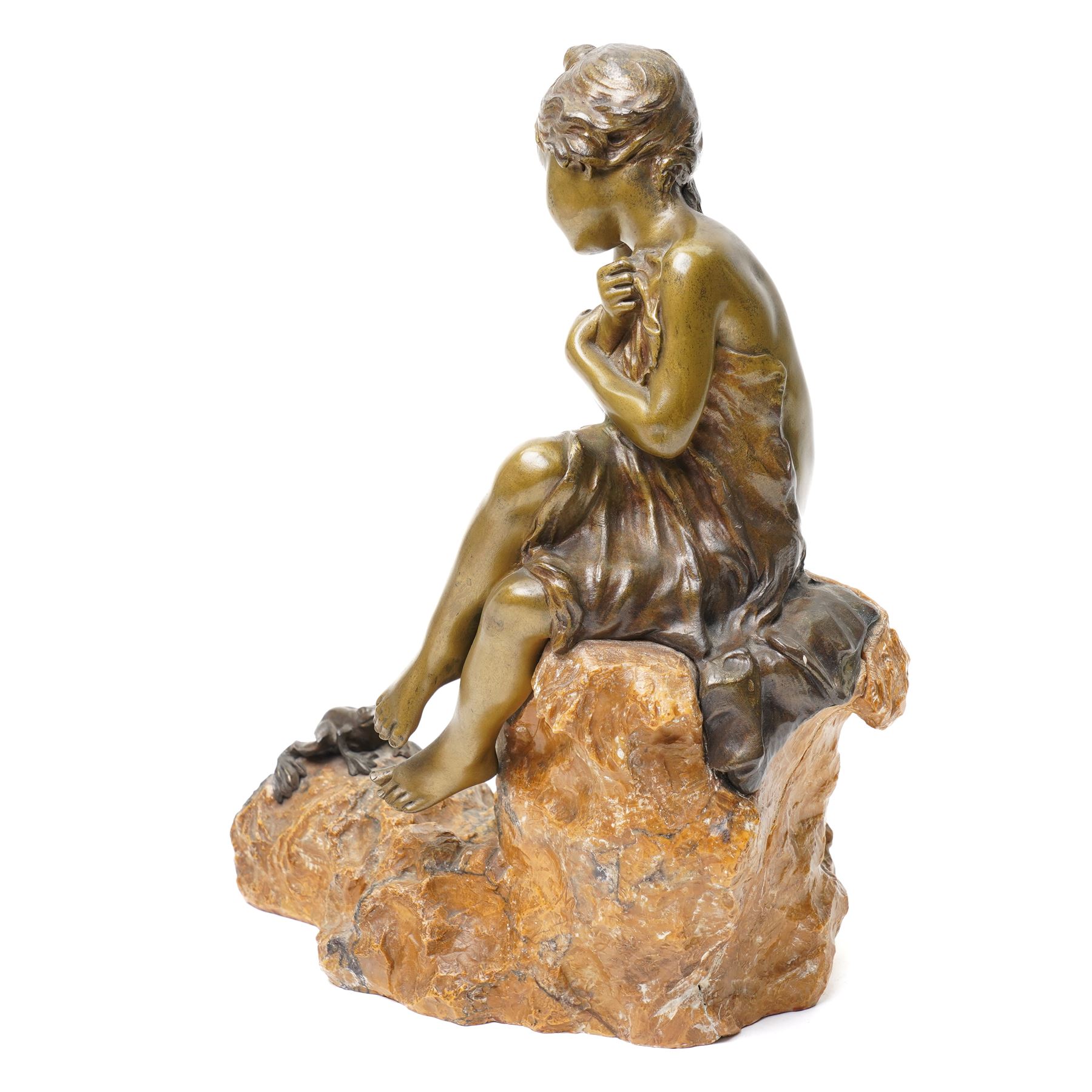 Attributed to Charlotte Monginot (French 1872-1934) - Bronze and marble figure of a child sitting on a rock ,a frog at her feet, signed H26cm x L19cm