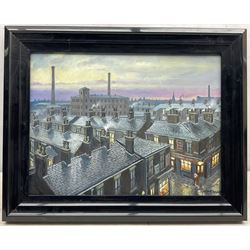 Steven Scholes (Northern British 1952-): 'Wet Roofs in Salford 1962', oil on canvas signed, titled verso 29cm x 39cm