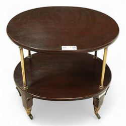 Late Victorian mahogany and brass tea trolley, square supports with C-scroll brackets, on brass cups and castors