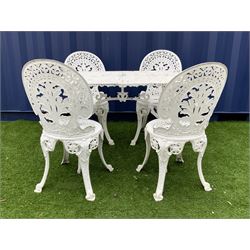 Victorian style ornate cast metal garden table (63cm x 94cm, H67), and set four chairs, white paint finish  - THIS LOT IS TO BE COLLECTED BY APPOINTMENT FROM DUGGLEBY STORAGE, GREAT HILL, EASTFIELD, SCARBOROUGH, YO11 3TX