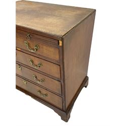 George III mahogany chest, banded caddy top with moulded edge, brushing slide over four graduating cock-beaded drawers, ornate cast gilt metal handle plates and escutcheons, swan neck handles cast with dolphins, shells and C-scrolls, lower moulding over bracket feet