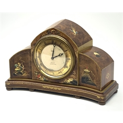 An early 20th century walnut and Shibayama decorated mantel clock, of stepped arched form, 8 day movement, dial marked Bright, Scarborough, W26cm. 