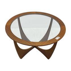 G Plan - Mid-century teak coffee table, circular form with inset glass top within a wide chamfered teak border, on sculptural cruciform base with curved intersecting supports