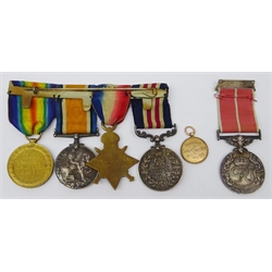  WWI military medal group of four comprising 1914-15 Star awarded to 19401 Pte. F.W.Salt Suff.R., Military Medal awarded to 19401 Sjt. F.W.Salt 1/Suff.R.and British War Medal with Victory Medal awarded to 19401 Sjt. F.W.Salt Suff.R., together with the Meritorious Service Medal to Sgt. Frederick W. Salt M.M.H.G. and a 9ct gold presentation fob to Sjt. Salt from Sedgefield in recognition of his receiving the Military Medal  