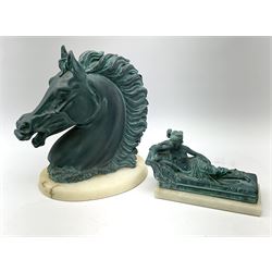 A composite figure modelled as a horses head with oxidised style finish, upon onyx base, indistinctly signed, H36cm, together with a similarly finished figure modelled as a semi nude classical female figure, upon onyx base, H18cm. (2). 