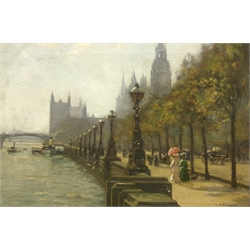  Augustus William Ennes (British 1876-1948): Promenading on Victoria Embankment London, oil on canvas signed 24cm x 35cm  