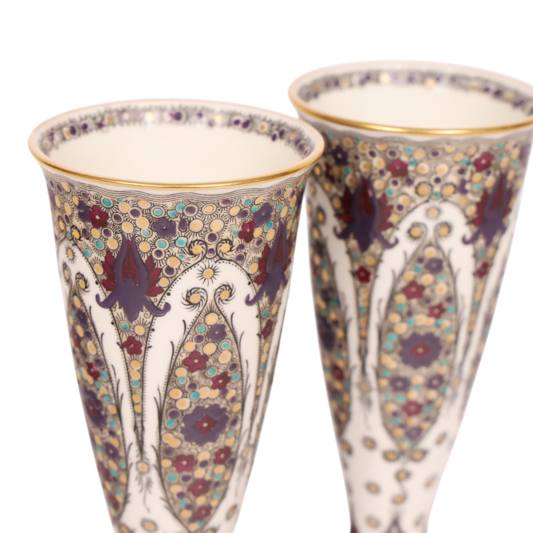 Pair of early 20th century Royal Worcester shape 2601 vases, painted with peacock feather design, marked in puce to base H16.5cm 