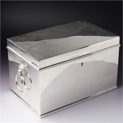 Edwardian silver rectangular cigar box with lion mask ring handles and wooden lined interi...