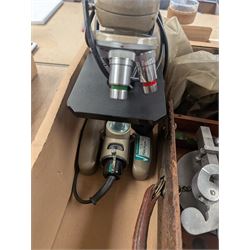 Sigma Multi Telemax 1:2.8 f=135mm lens, a set of DE Grave 7lb scales with County Borough of Blackpool scales in mahogany box and a Vickers Instruments microscope