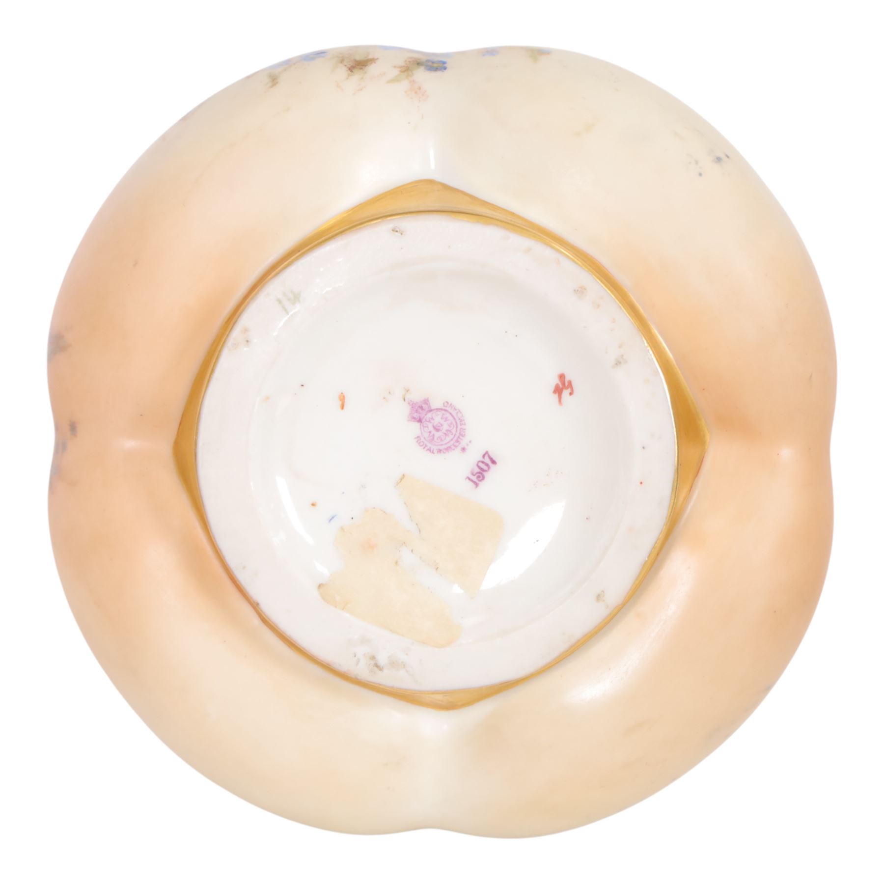 Royal Worcester blush ivory quatrelobe coral jug, decorated with floral sprigs shape 1507 together with two jugs with a shell moulded rim and decorated with flowers, shape 1229, all with puce marks beneath, quatrelobe jug H22cm 