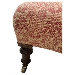 Late Victorian upholstered armchair, with high camel back and deep seat, padded arms and backrest in crimson and cream damask-style fabric, raised on turned ebonised front supports with ceramic castors (H88cm, W65cm, D 60m); and an Edwardian bedroom chair with button upholstered rail back (H72cm, D64cm, W53cm) (2)