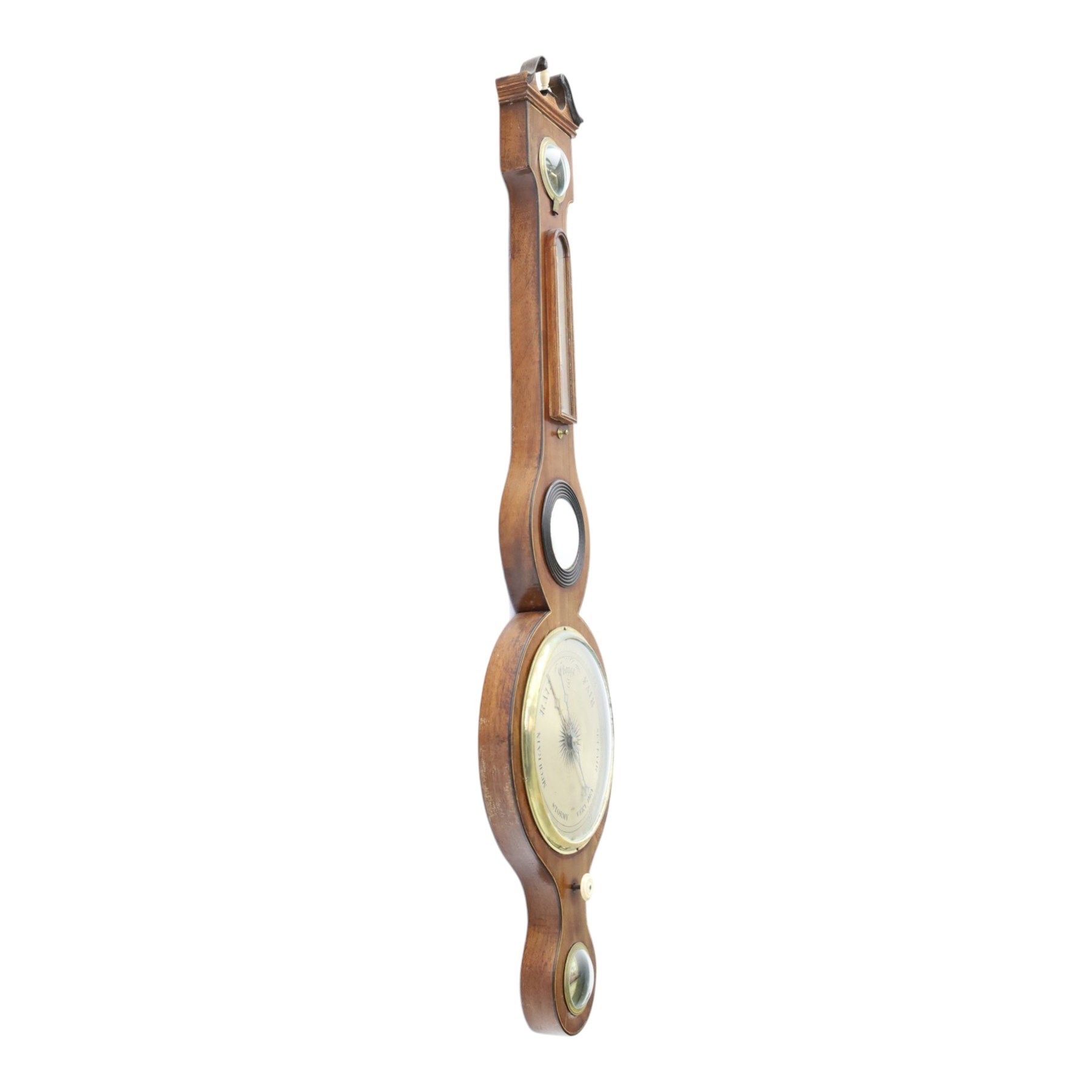 Jerome Vassalli of Scarborough - 19th century mahogany wheel barometer, the swan neck pediment above a hygrometer, thermometer, convex mirror and silvered barometer dial, with spirit level below, H  7cm