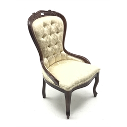 Victorian style beech framed bedroom chair upholstered in cream damask fabric 