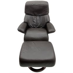 Ekornes Stressless - swivel reclining armchair with adjustable headrest, upholstered in cocoa brown leather, with matching footstool