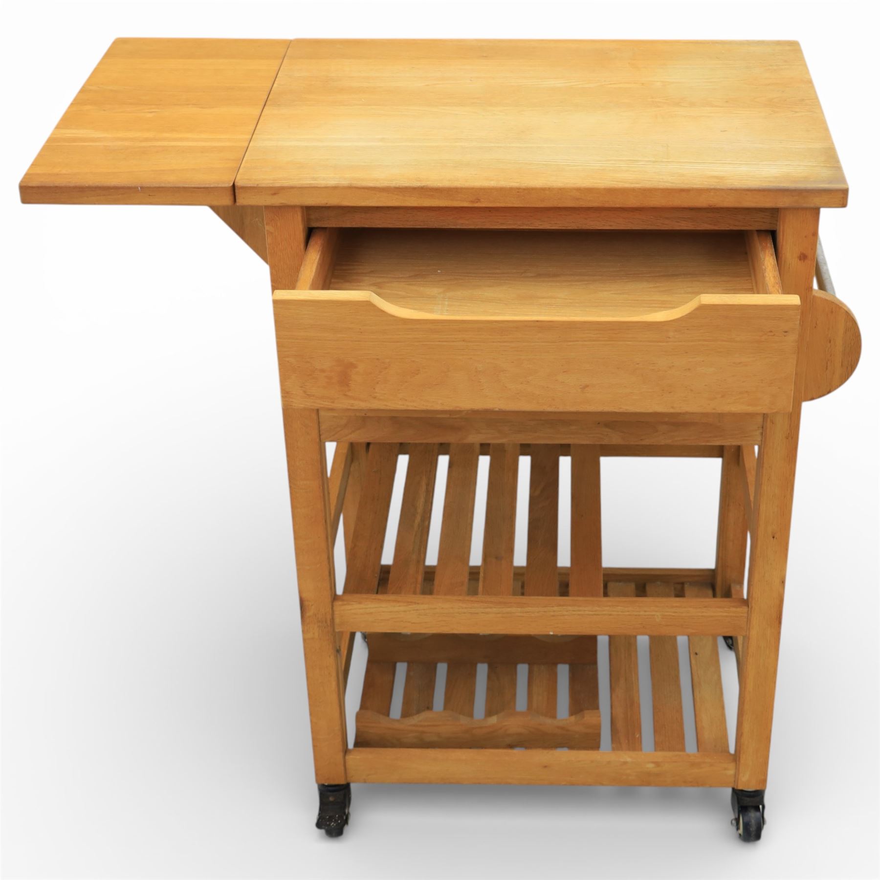 Modern oak butchers block, drop leaf end with towel rail to the other side, above three tiers raised on plastic castors 
