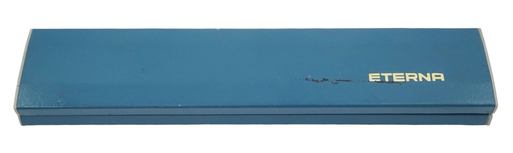 Eterna Matic 1000 gentleman's stainless steel automatic wristwatch, blue dial with baton hour markers and date aperture, on original blue leather strap, with original buckle, boxed