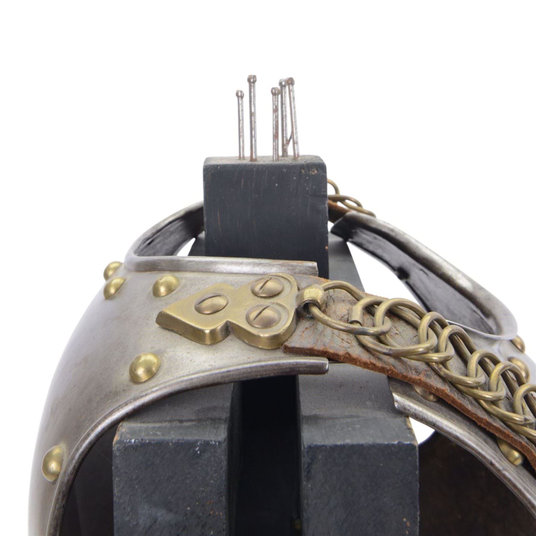 Napoleonic Belgium Cuirassier breast and back plate, circa 1814, with raised medial ridge and shallow apron, rolled edge and brass studded decoration, the shoulder chains secured by chest studs, H40cm