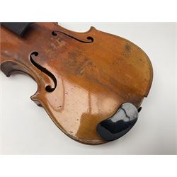 German violin c1900 for re-assembly with 36cm two-piece maple back and ribs and spruce top; L59cm; in ebonised wooden 'coffin' case with two bows