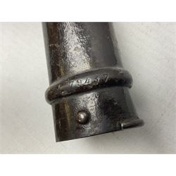 French Model 1866 Chassepot bayonet with 57cm curving fullered steel blade dated 1873 No.L63963; in steel scabbard with conforming number L71.5cm overall; and French St. Etienne Gras bayonet dated 1878 No.K10674 in steel scabbard numbered 79437 (2)