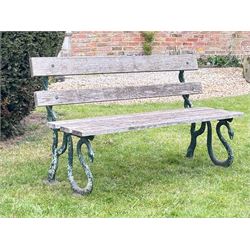 Carron pattern snake end garden bench with teak slats. L144cm, H80cm, D50cm. 