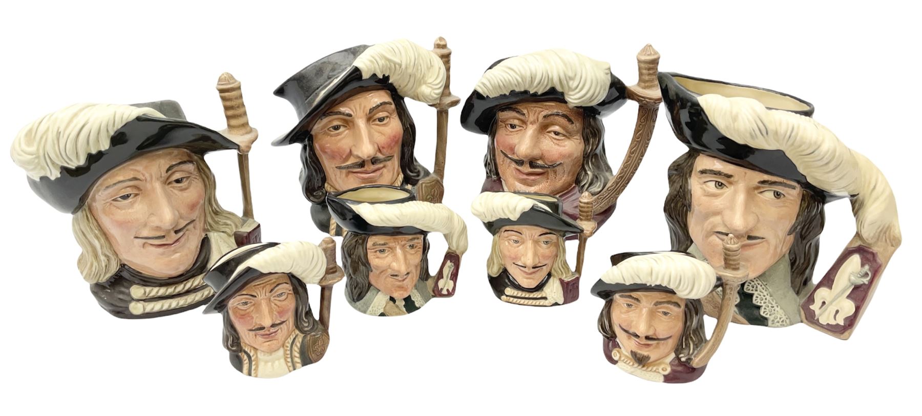 Royal Doulton eight musketeers character jugs, comprising four large jug Aramis D6441, Athos D6439, Porthos D6440, and D'Artagnan D6691, and four medium sized jugs Aramis D6454, Athos D6452, Porthos D6453, and D'Artagnan D6764