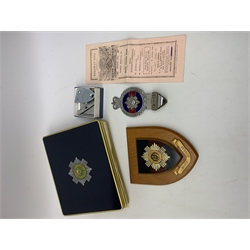 Scots Guards - three car badges by Beaulah, Gaunt etc; Military Drum Ice Bucket in original box; Regimental Crest on shield; boxed sets of table mats and coasters; two wallets; 45rpm record; ash trays etc