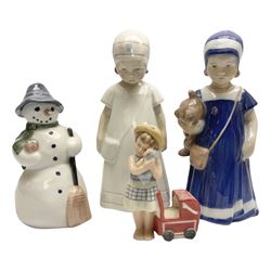 Four Royal Copenhagen figures, comprising Else with teddy no. 671, Snowman no. 158, Elsa no. 404, an mini collection girl with pram no.014, all with mark beneath  