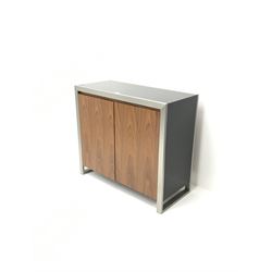 Dwell Furniture Nova walnut and black gloss cabinet, two doors enclosing four adjustable shelves cabinet, brushed steel frame supports