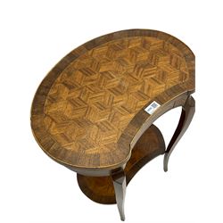 French style walnut parquetry kidney shaped table, fitted with frieze drawer, on cabriole supports united by undertier