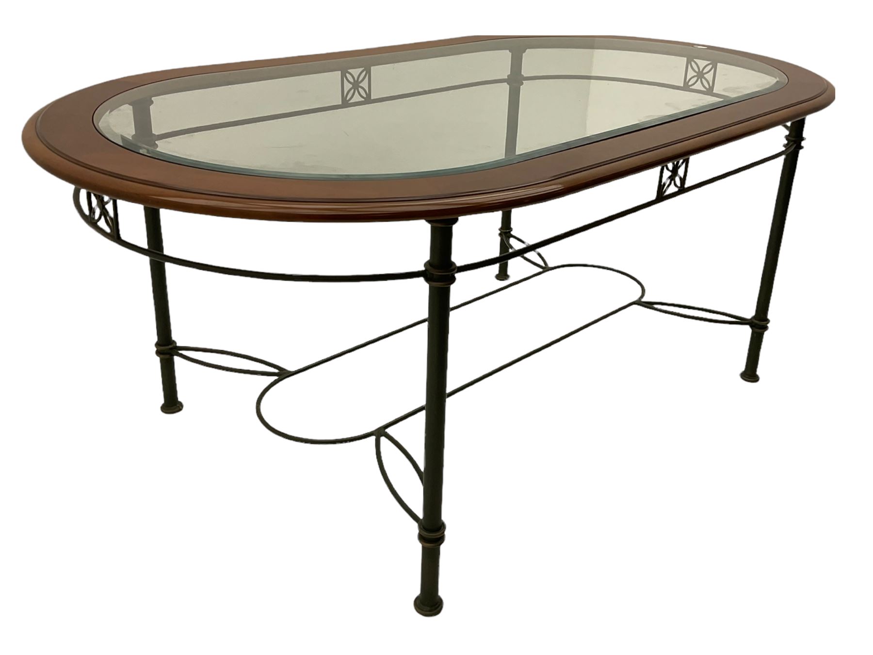 Ernest Menard - cherry wood and wrought metal dining table with glass top, and set six matching dining chairs