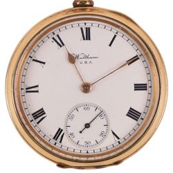 Early 20th century gold-plated keyless lever pocket watch by American Watch Company, Waltham, on 9ct gold chain, with gilt clip