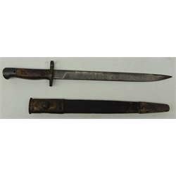  British WWll Jungle Pattern Bayonet, 29.5cm single edge blade stamped Crown over G.R.I over Mk.II 2 43 over RF, part shaped wood grip stamped 57868, in steel mounted leather scabbard, L46cm  
