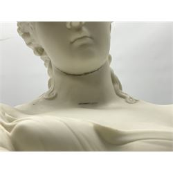 Two 20th century Parian ware female busts, the first modelled in the classical manner in draped fabric, emerging from a foliate border upon a tapering circular bust, the second modelled in a classical manner with foliate decoration in her hair upon a tapering circular bust, tallest example, H26cm