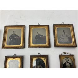 Eleven 19th Century portrait tintypes, housed in ornately detailed gilt metal frames and mounts with apertures of various shape and size, largest example L13cm