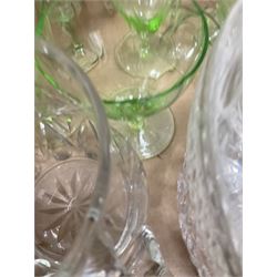 Victorian cut clear glass lustre, decorated with stars, with hollow stem, shaped rim and pendant lustre drops, raised upon circular domed base, H33cm, Mats Jonasson Maleras Sweden glass butterfly bowl, in blue and green colourway, D17cm, together with quantity of glass ware to include uranium glasses, in two boxes