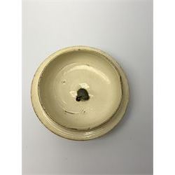 18th century creamware teapot, probably Leeds, with reeded entwined handle and floral finial to the cover, the body with hand painted polychrome decoration of figure to one side, and floral spray to the other, collectors paper label beneath inscribed Leeds Pottery, H11.5cm