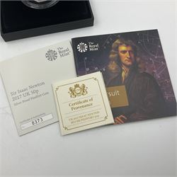 Three The Royal Mint United Kingdom silver proof piedfort fifty pence coins, comprising 2017 'Sir Isaac Newton', 2019 'A Celebration of Sherlock Holmes' and 'Celebrating the Life of Stephen Hawking', all cased with certificates 