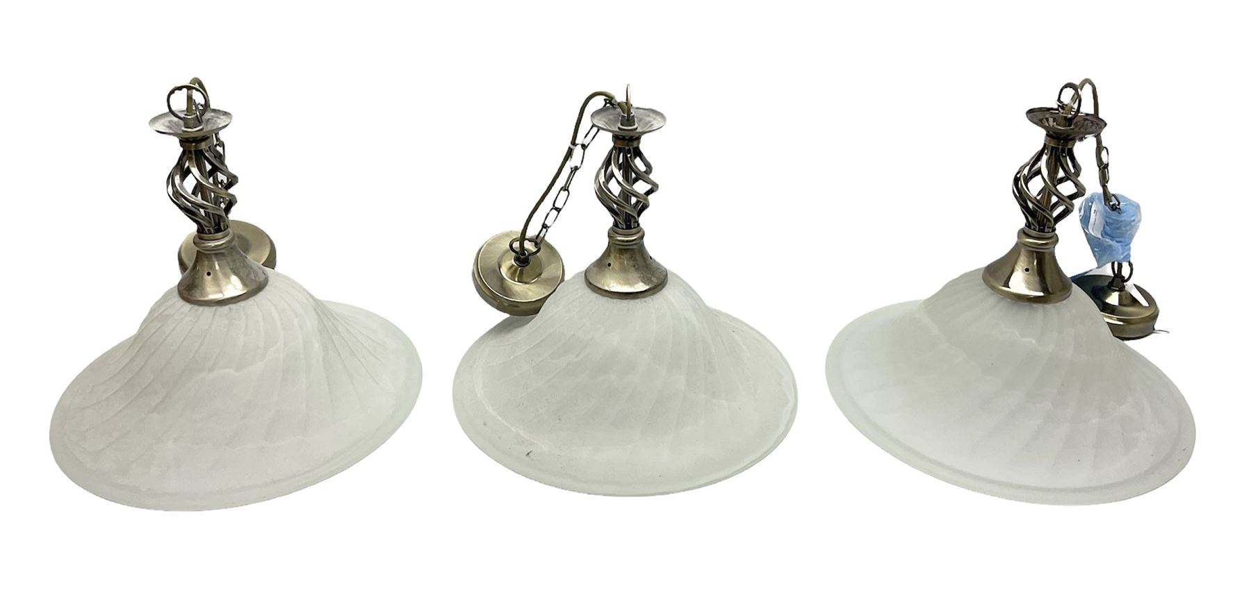 Three frosted glass light fittings with brushed metal mounts, approx L30cm excl fitting