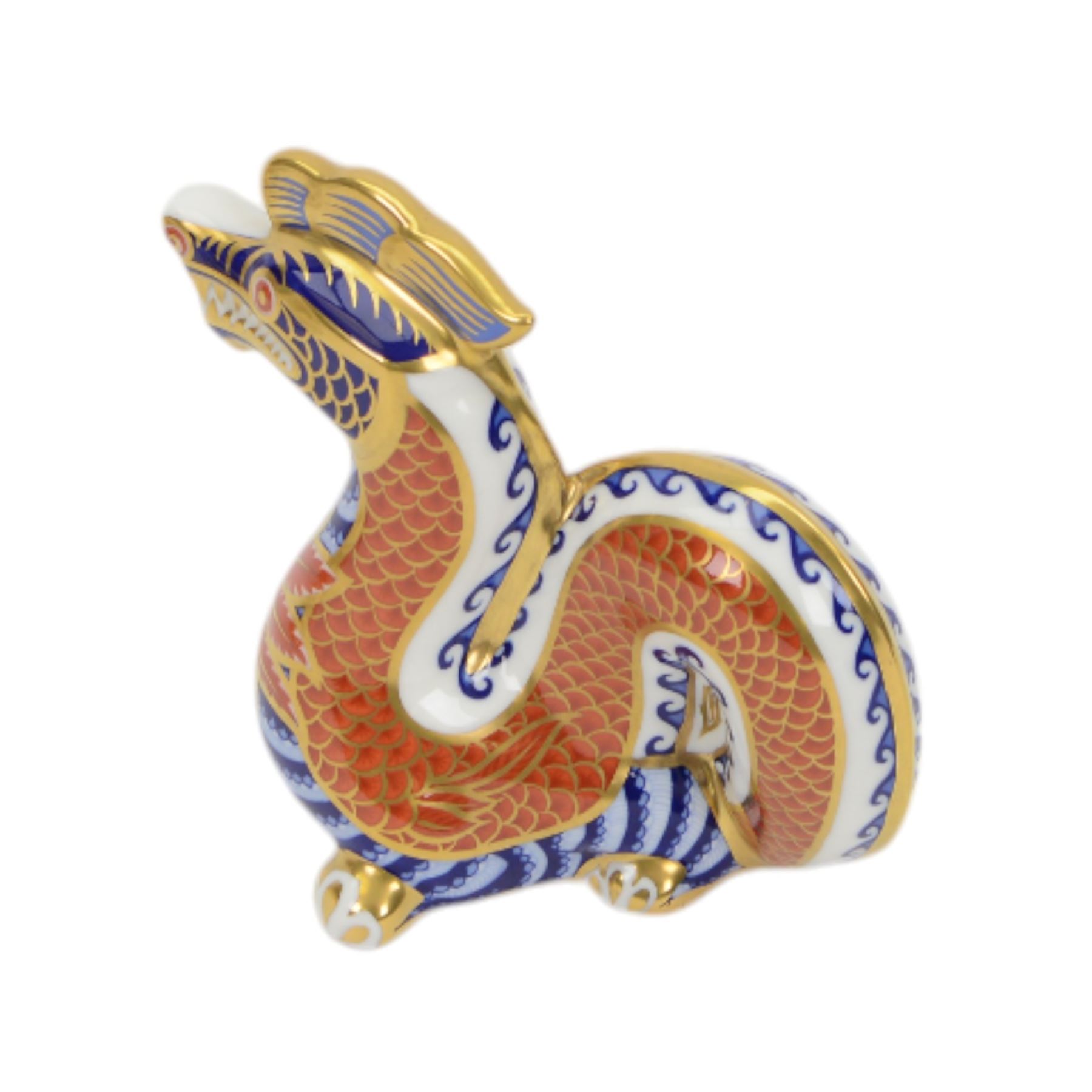 Two Royal Crown Derby paperweights, comprising Crocodile, with gold stopper and original box and Imari Dragon with gold stopper  