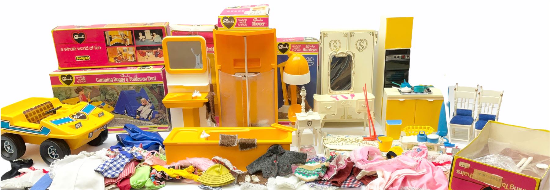Sindy - Camping Buggy and Folding Tent, Bath, Shower, Washbasin unit and Hairdryer; all boxed; together with unboxed kitchen units, dining and bedroom furniture; and two bags of clothing and accessories